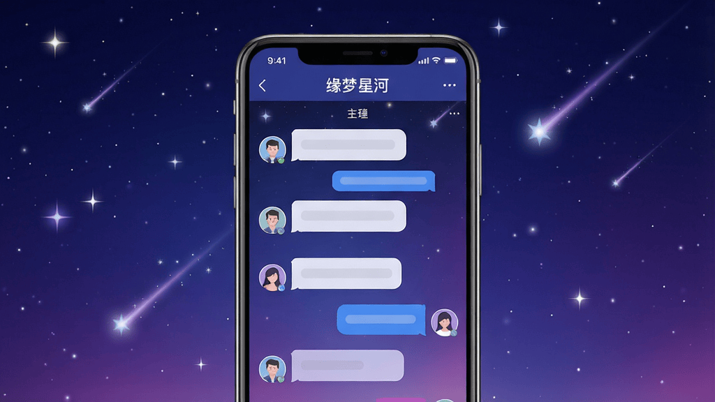 缘梦星河appv1.0 最新版 一张展示缘梦星河手机应用界面的高清图片,画面中央是一部亮屏的智能手机,屏幕中显示缘梦星河的聊天主界面,背景是深邃的星空渐变,点缀着闪烁的星星与流星,界面布局简洁,顶部有“缘梦星河”字样,下方是几个对话气泡和用户头像,整体色调以蓝紫色为主,科技感与浪漫感并存,画质干净,无多余元素。