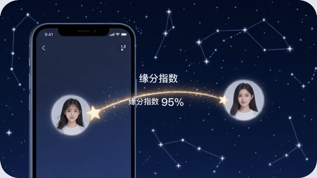 缘梦星河appv1.0 最新版 一幅展示缘梦星河智能匹配功能的示意图,画面左侧是一个手机屏幕,屏幕中显示两个用户头像被一条发光的星轨连接,中间有“缘分指数 95%”的文字标注,背景是深蓝色星空,点缀着星座线条和星星,整体风格简洁科技,突出匹配算法的精准与浪漫,画质干净。
