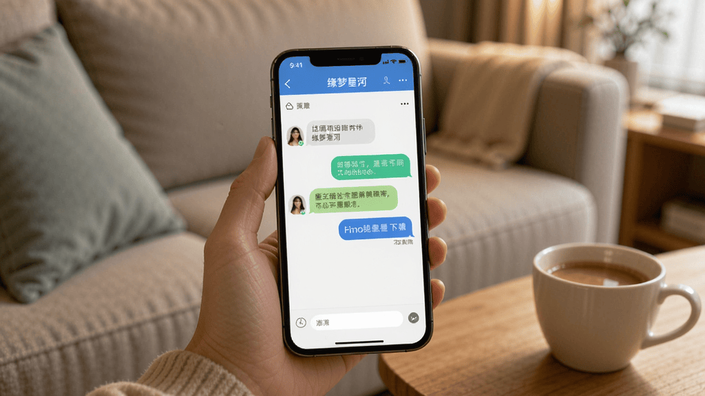 缘梦星河appv1.0 最新版 一张展示缘梦星河在手机上运行的使用场景图,手机屏幕显示聊天界面,背景是客厅沙发,手机旁有一杯咖啡,整体光线温馨,画面清晰,突出日常使用体验,画质干净。
