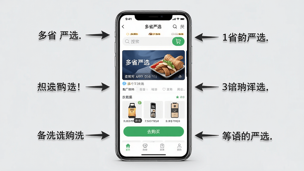 多省严选appv2.7.1 安卓版 一张多省严选APP的教程截图风格图,画面中央是一个手机屏幕,上面显示“多省严选”的首页界面,有搜索框和“去购买”按钮,周围用箭头和文字标注操作步骤,背景为浅灰色,布局清晰,风格写实,细节丰富,画质高清,干净无多余元素